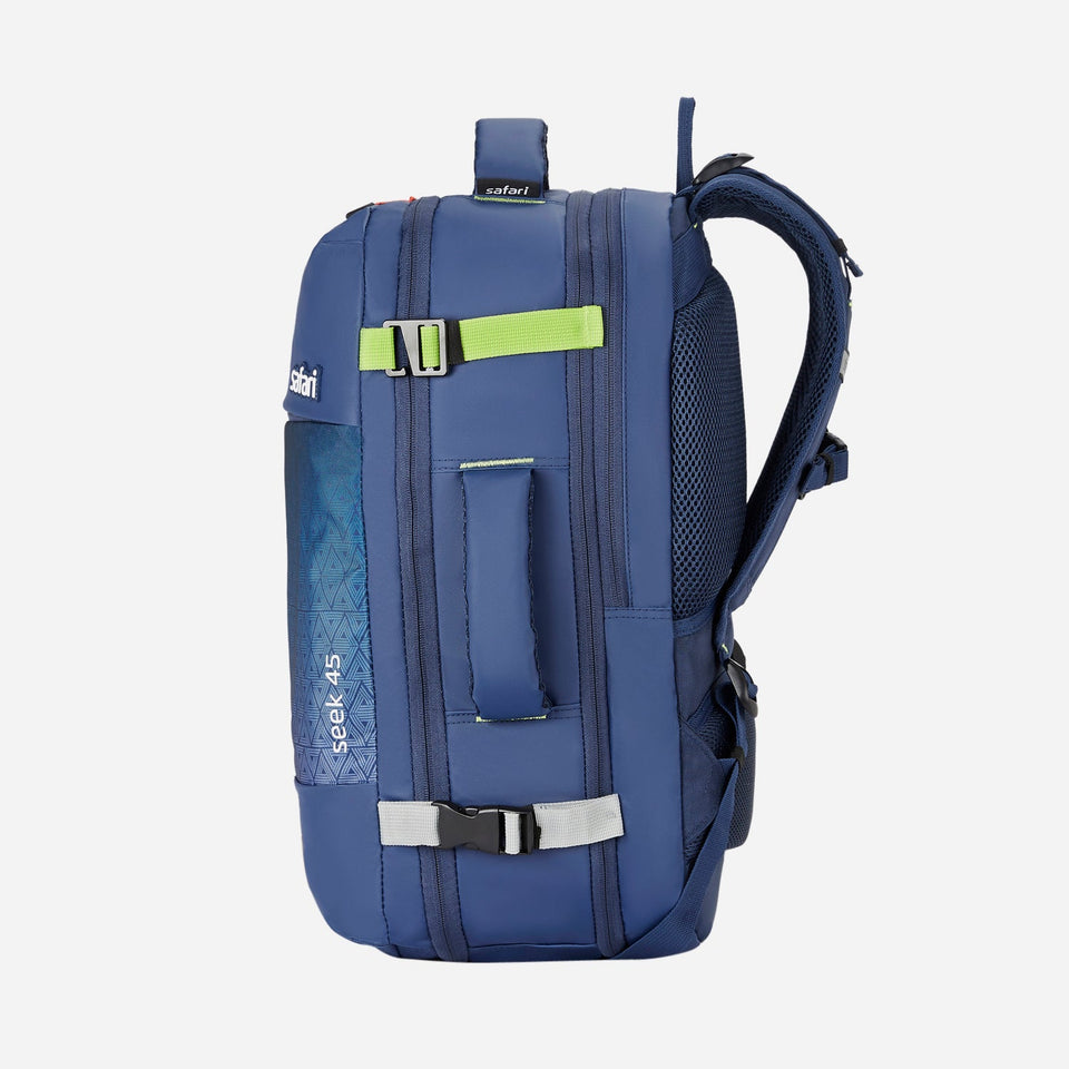 Safari Seek 45L Blue Backpack Suitcase with Two Way Handle, Chest Straps & Luggage Style Packing