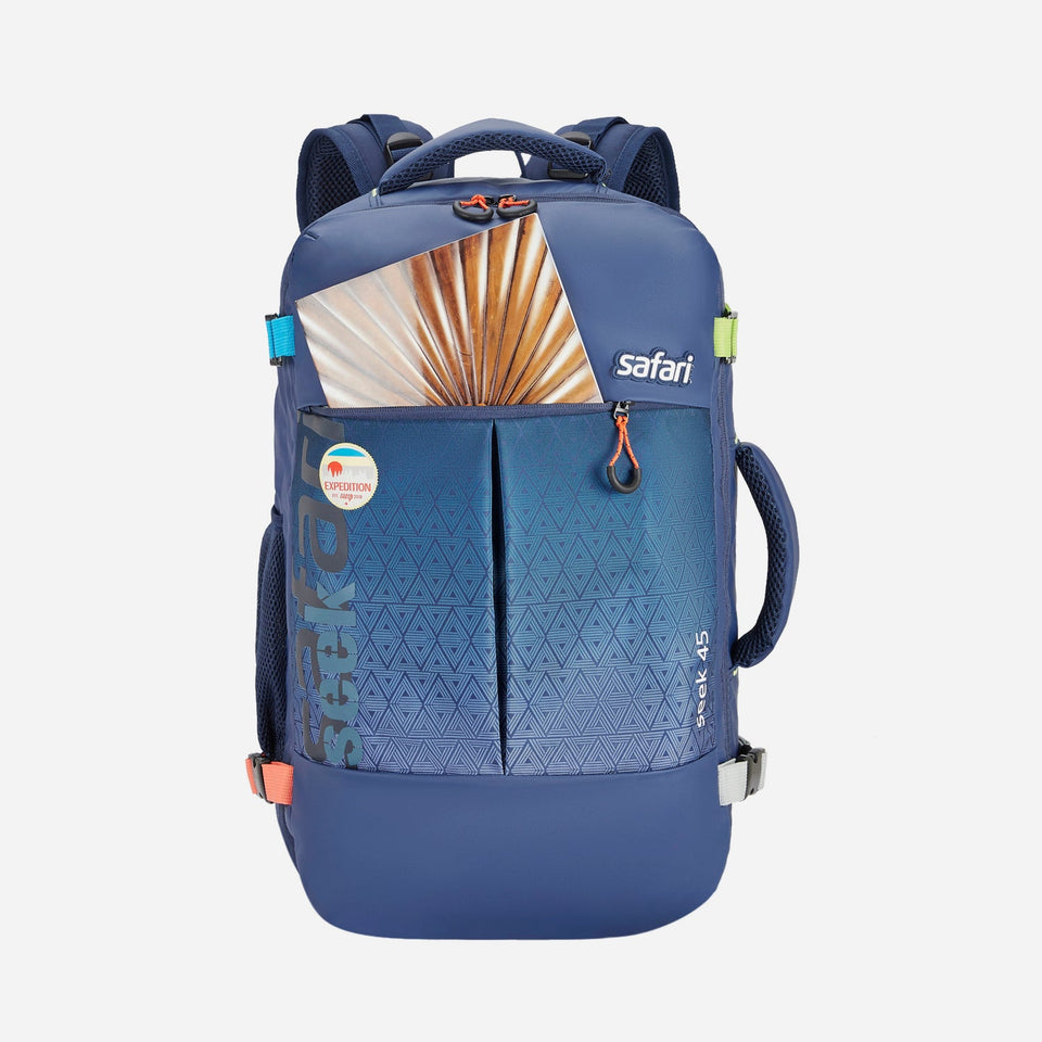 Safari Seek 45L Blue Backpack Suitcase with Two Way Handle, Chest Straps & Luggage Style Packing