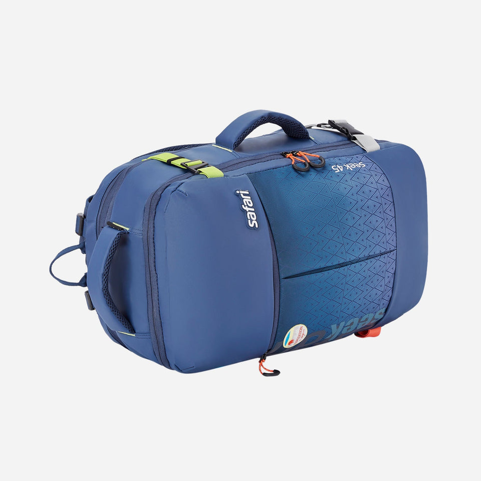 Safari Seek 45L Blue Backpack Suitcase with Two Way Handle, Chest Straps & Luggage Style Packing